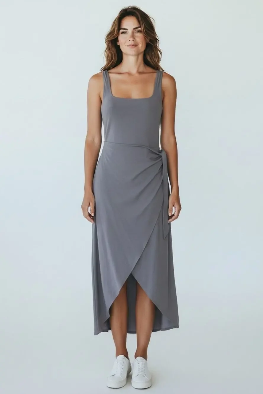 A7 NEW ARITZIA WILFRED Grey Drapey Jersey Side Tie Saturn Midi Wrap Dress Size S